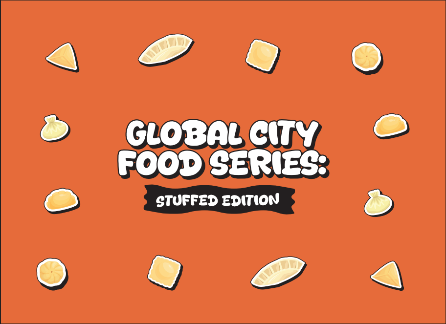 Bubble letters with dumplings and empanadas